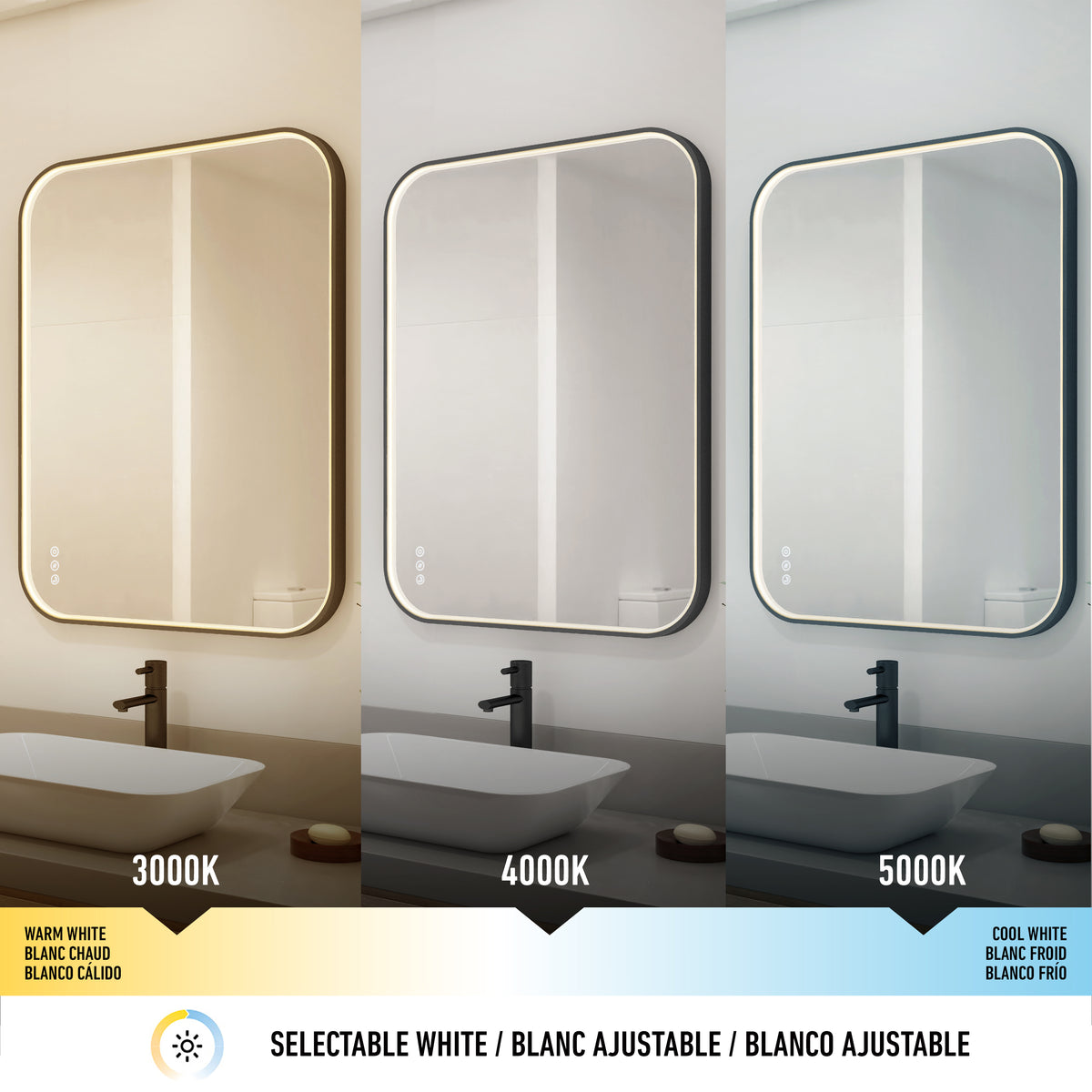 The Artika Royce Dimmable LED Mirror, 3 CCT, mounts horizontally or vertically and displays selectable color temperatures—3000K, 4000K, and 5000K—with a defogger, shown above a modern sink.