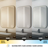 A bathroom mirror shows three lighting temperatures: warm white (3000K), neutral white (4000K), and cool white (5000K). The image compares how each light affects the mirror and surrounding area above a sink.