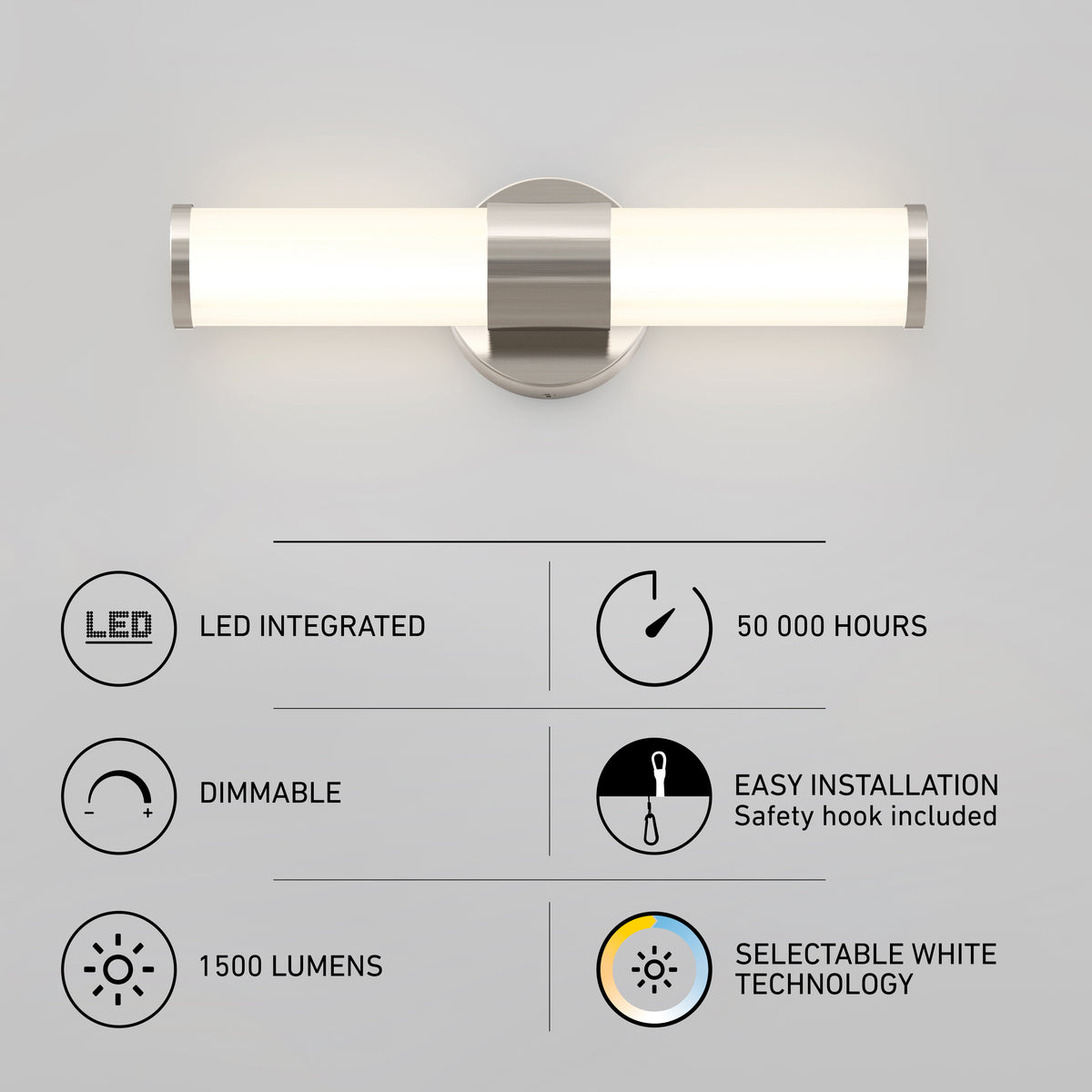 Modern wall-mounted LED light fixture with icons and text highlighting features: LED integrated, 50,000 hours lifespan, dimmable, easy installation, 1500 lumens brightness, and selectable white color technology.