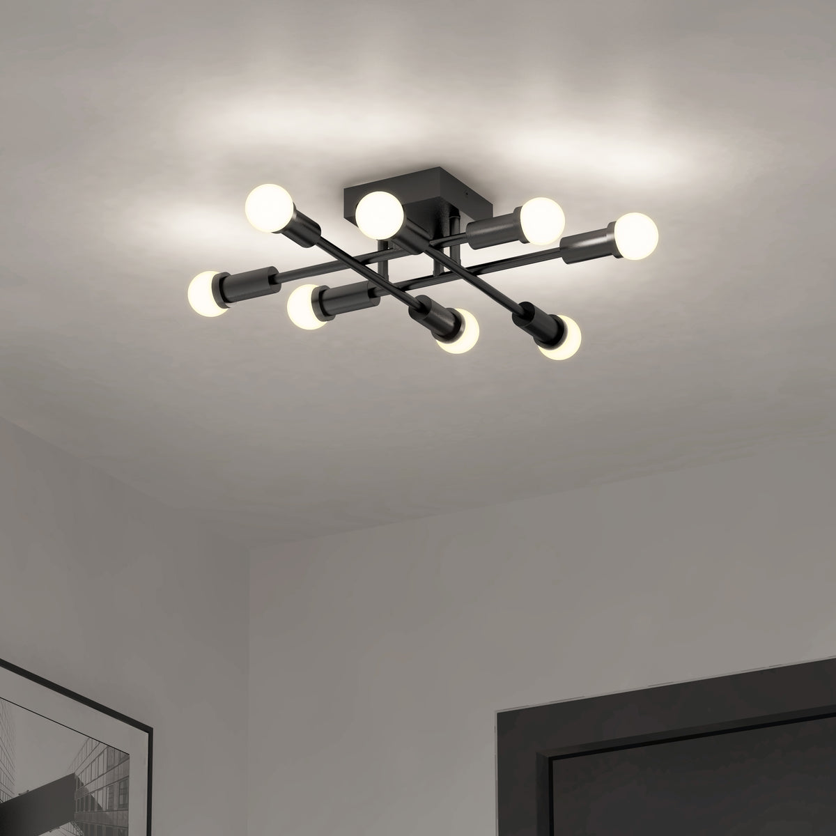 Artika Aristo LED flush mount, 6 bulbs in a geometric black frame with adjustable colour temperature (3 CCT).