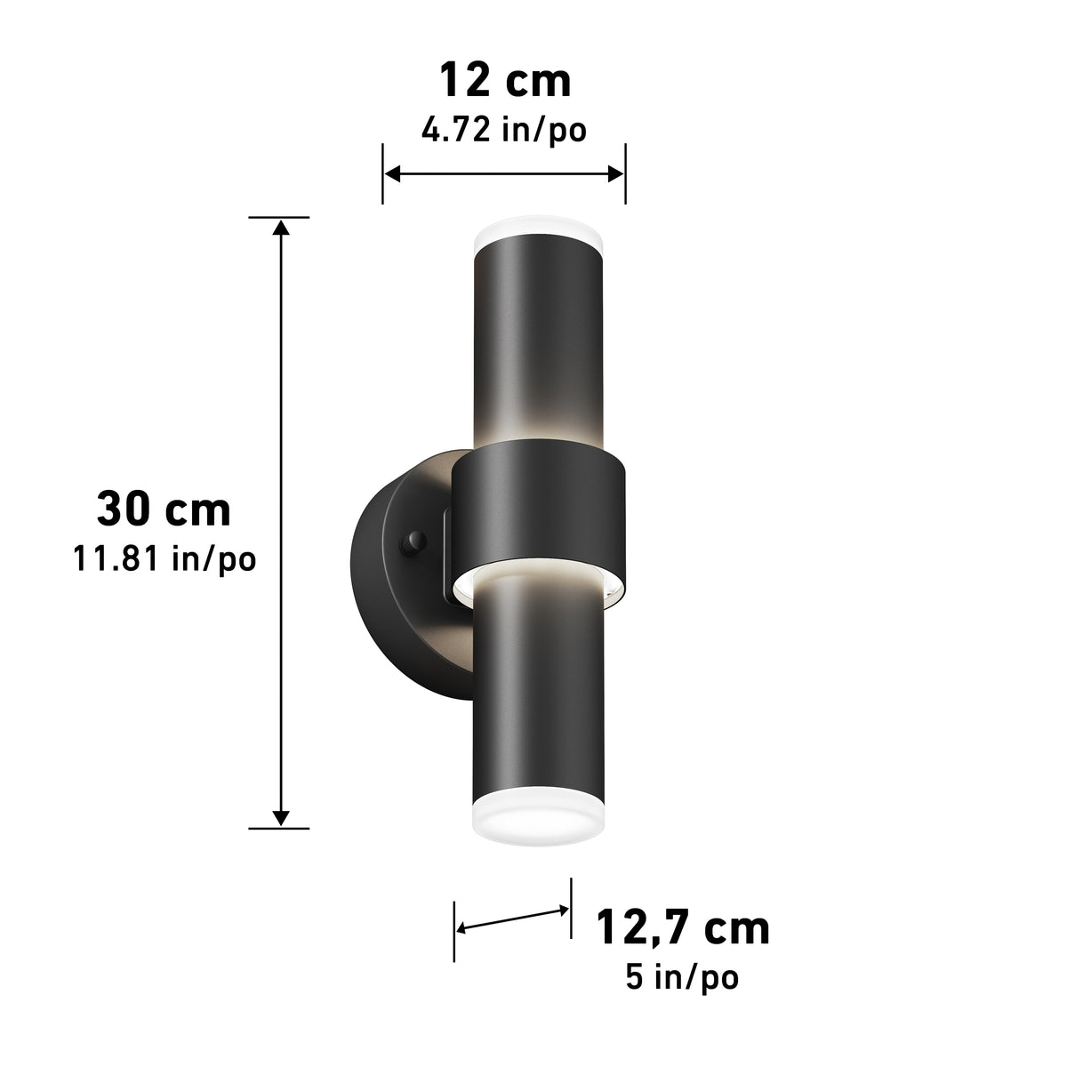 The Artika Dani modern LED indoor-outdoor wall light 5 CCT is a black cylindrical fixture shown with height 30 cm (11.81 in), depth 12.7 cm (5 in), width 12 cm (4.72 in), and is mounted on a round base.