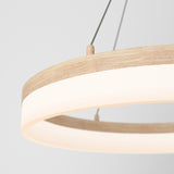 A close-up of a modern circular pendant light with a wooden frame and a glowing white diffuser, suspended by thin black cables against a plain white background.