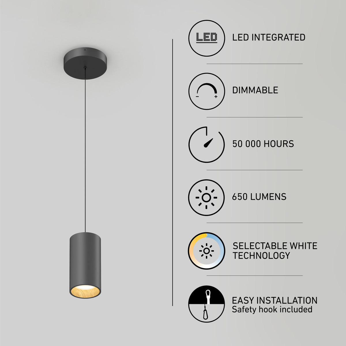 A black pendant light hangs from the ceiling near icons and text highlighting its features: LED integrated, dimmable, 50,000 hours lifespan, 650 lumens, selectable white technology, and easy installation.
