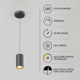 A black pendant light hangs from the ceiling near icons and text highlighting its features: LED integrated, dimmable, 50,000 hours lifespan, 650 lumens, selectable white technology, and easy installation.