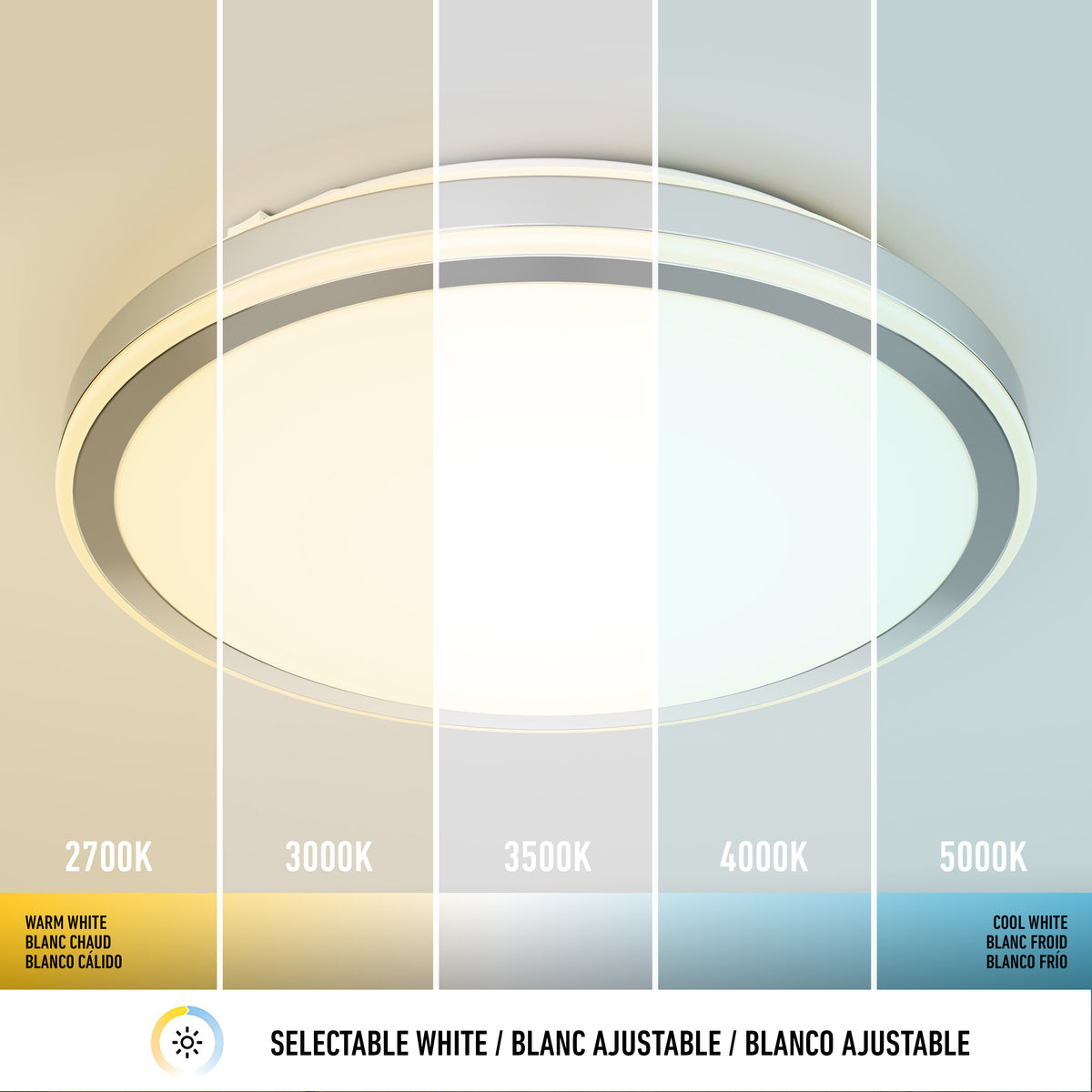 A round ceiling light is shown with five sections displaying different white color temperatures: 2700K (warm white), 3000K, 3500K, 4000K, and 5000K (cool white). Text notes it as selectable white.
