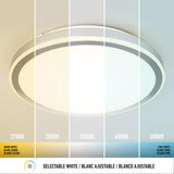 A round ceiling light is shown with five sections displaying different white color temperatures: 2700K (warm white), 3000K, 3500K, 4000K, and 5000K (cool white). Text notes it as selectable white.