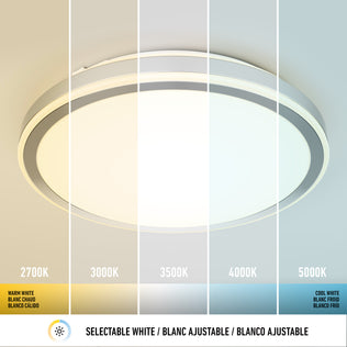 The Artika Altitude 15 in. LED modern flush mount light is shown with five adjustable colour temperatures—2700K (warm), 3000K, 3500K, 4000K, and 5000K (cool)—plus labels and a selectable white icon below.