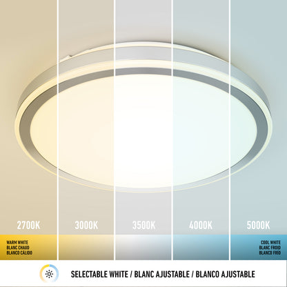 The Artika Altitude 15 in. LED modern flush mount light is shown with five adjustable colour temperatures—2700K (warm), 3000K, 3500K, 4000K, and 5000K (cool)—plus labels and a selectable white icon below.