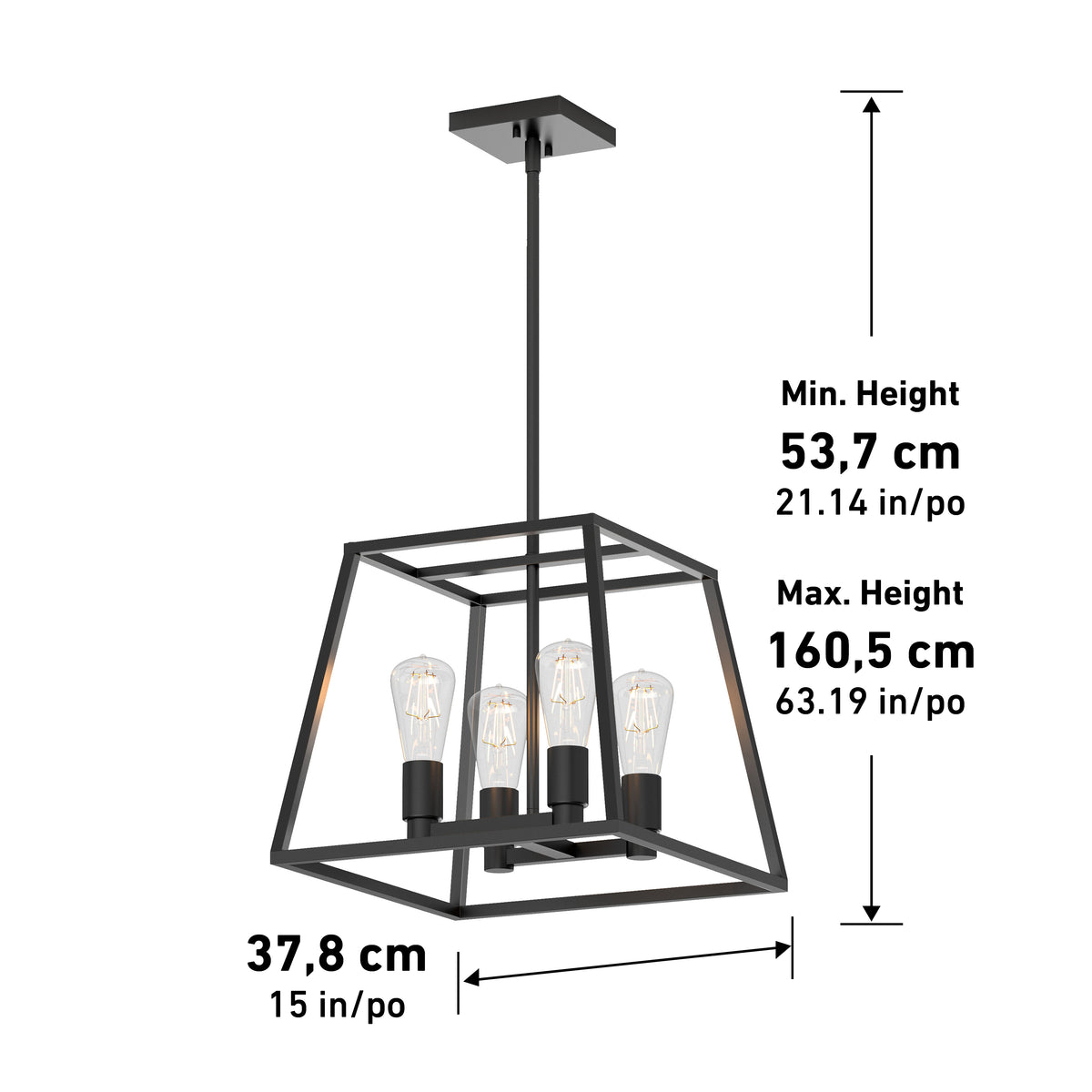 The Artika Carter Square 4-light Chandelier features a black geometric design with four exposed bulbs, measuring 37.8 cm (15 in) wide and an adjustable height from 53.7 cm (21.14 in) to 160.5 cm (63.19 in).