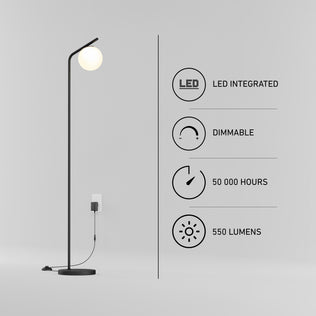 Artika Clayton dimmable LED modern mid-century floor lamp in black with a globe bulb, 50,000-hour lifespan, and 550-lumen output icons.