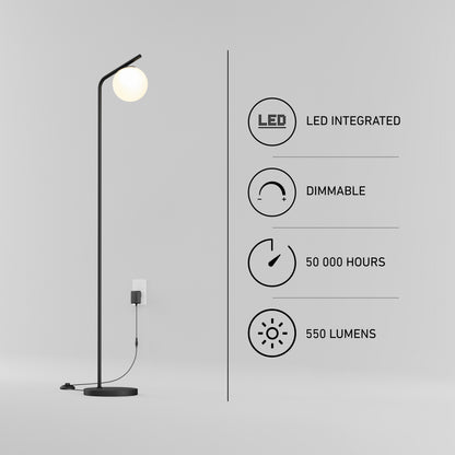 Artika Clayton dimmable LED modern mid-century floor lamp in black with a globe bulb, 50,000-hour lifespan, and 550-lumen output icons.