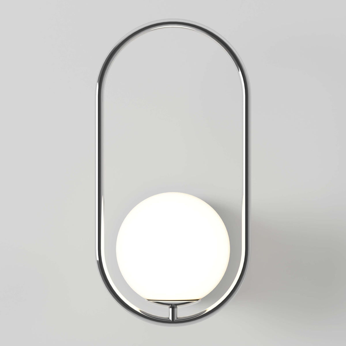 The Artika Bloom LED Sconce 3 CCT displays a glowing white globe light inside a sleek metallic oval frame, adding modern style to a plain light gray wall.