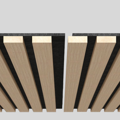 Close-up of two Artika Sonofold sound-absorbing wall panel kits (pack of 2) with black backing, featuring alternating light and dark wood slats separated by a gap, set against a plain light gray background.