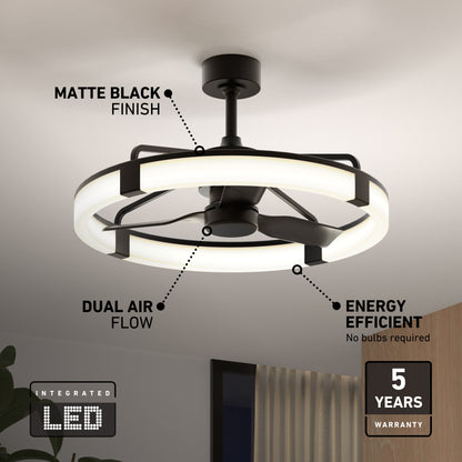 Modern ceiling fan with matte black finish and integrated LED ring light, labeled features include dual air flow, energy efficiency, and a 5-year warranty; no bulbs required. Mounted on a white ceiling in a contemporary room.