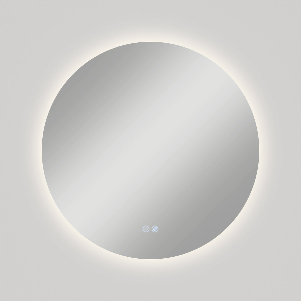 The Artika Raya 24 in. LED mirror features a modern round design, 3 CCT lighting with a glowing edge, built-in defogger, and two touch controls at the bottom center, shown mounted on a plain light-colored wall.