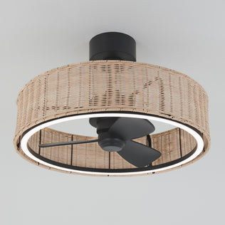 The Artika Kalani 24 in. LED modern ceiling fan features black blades, a circular LED light, and a woven rattan shade, and includes a remote control for 3 speeds.