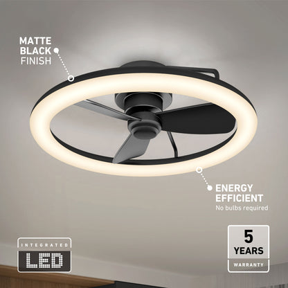 Artika Darren 23 in. LED fandelier: modern design, matte black, remote, energy-efficient, 5-year warranty.