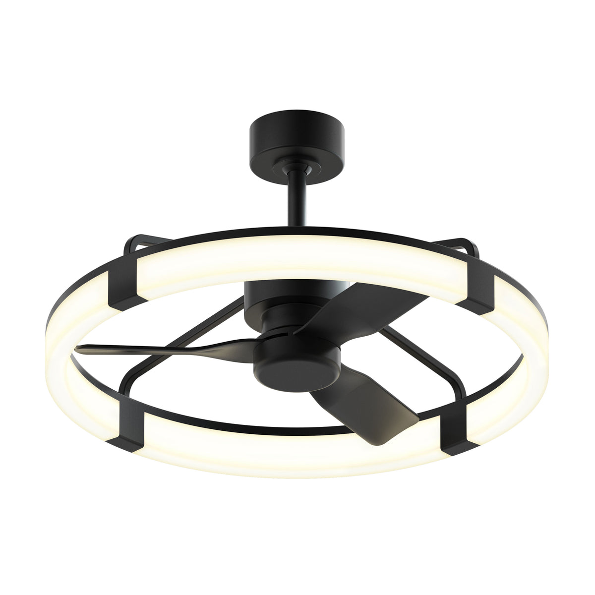 A modern ceiling fan with three black blades, surrounded by a circular LED light ring and mounted on a short downrod, against a white background.