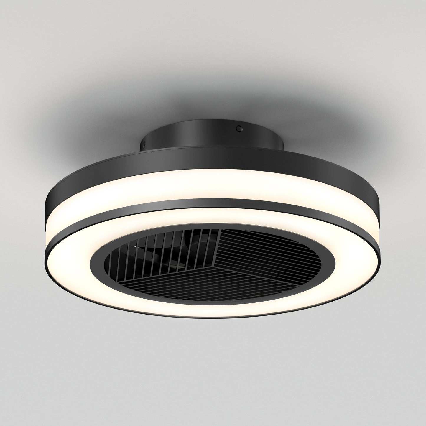 The Artika Elton 19.4 in. LED modern ceiling fan features a sleek, minimalist black design with horizontal blades enclosed in a circular frame, integrated LED light, 3 speeds, and includes a remote control—ideal for white ceilings.