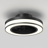 The Artika Elton 19.4 in. LED modern ceiling fan features a sleek, minimalist black design with horizontal blades enclosed in a circular frame, integrated LED light, 3 speeds, and includes a remote control—ideal for white ceilings.