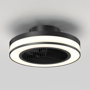 The Artika Elton 19.4 in. LED modern ceiling fan features a sleek, minimalist black design with horizontal blades enclosed in a circular frame, integrated LED light, 3 speeds, and includes a remote control—ideal for white ceilings.