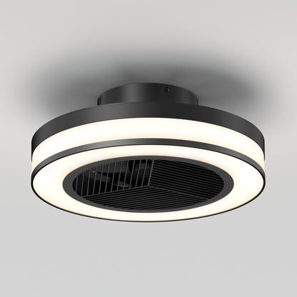 The Artika Elton 19.4 in. LED modern ceiling fan features a sleek, minimalist black design with horizontal blades enclosed in a circular frame, integrated LED light, 3 speeds, and includes a remote control—ideal for white ceilings.