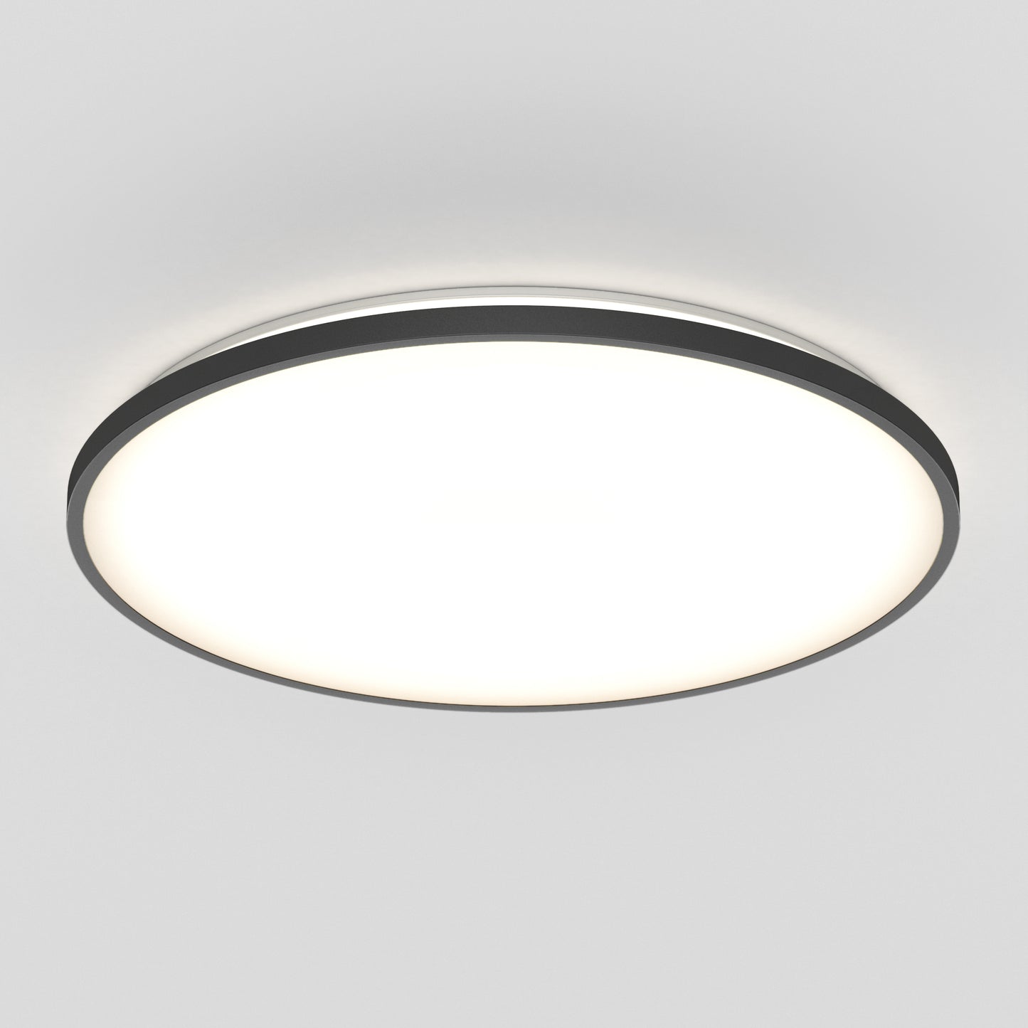 The Artika Europa 21 in. LED modern flush mount light features a round design with a black rim and bright white center, mounted on a plain white ceiling. Includes remote control for convenience.