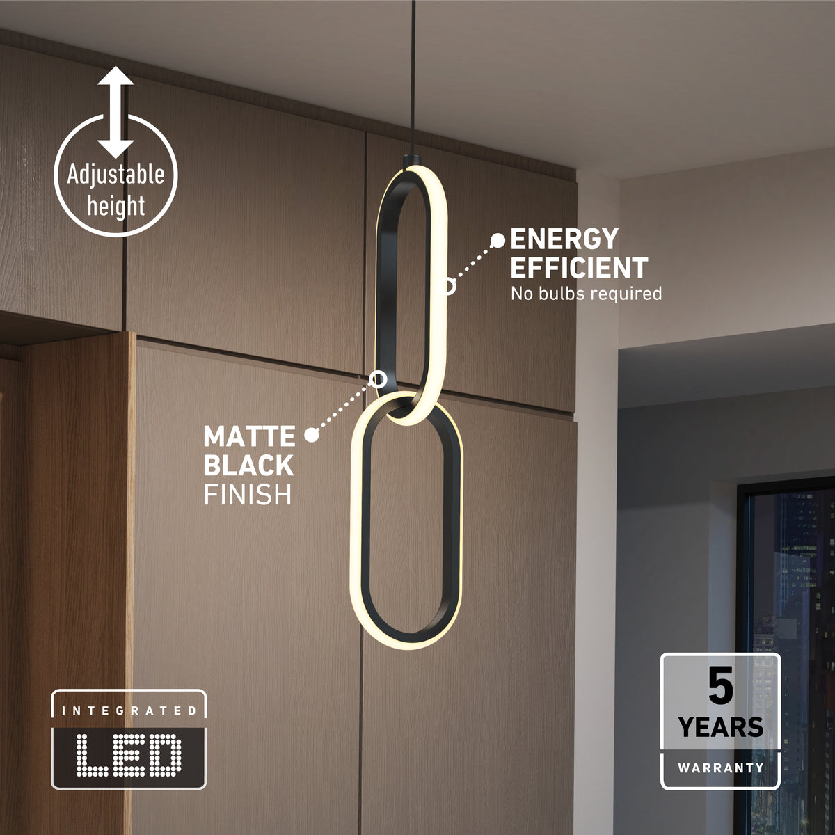 Modern pendant light with two linked oval rings, matte black finish, hangs in a contemporary room. Features include adjustable height, integrated LED, energy efficiency, and a 5-year warranty, shown in labeled text.