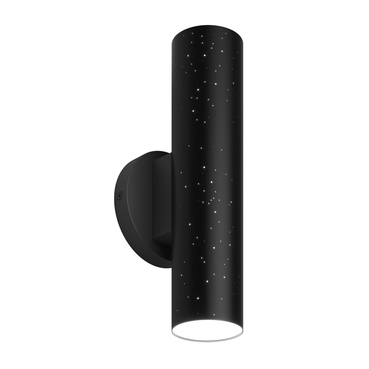 A modern black cylindrical wall light fixture with small star-like perforations, mounted on a round black base. The perforations create a starry night effect on the surface of the cylinder.