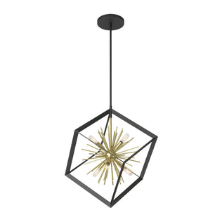 The Nebula 6-light pendant by Artika features a gold sputnik-style fixture within a black metal geometric cube, suspended from a black ceiling mount for a modern look.