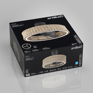 A black box showcasing the Artika Kalani 24 in. LED modern ceiling fan with 3 speeds, remote control, and a natural wicker-style light fixture. The fan image is prominently displayed alongside product details in white text.