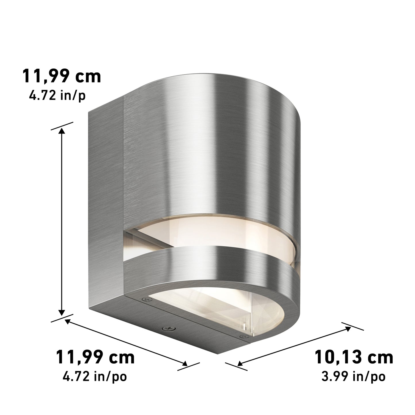The Artika Valor Round LED indoor-outdoor wall light features a brushed metal finish, curved front, and clear bottom panel. Dimensions: 11.99 cm x 11.99 cm x 10.13 cm (4.72 x 4.72 x 3.99); labeled in cm and inches.