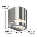 A modern, brushed metal wall light fixture with rounded edges and a transparent cover, shown with its dimensions: 11.99 cm by 11.99 cm wide and 10.13 cm deep (4.72 x 4.72 x 3.99 inches).