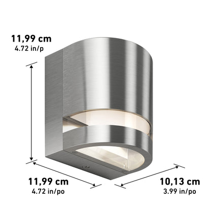 The Artika Valor Round LED indoor-outdoor wall light features a brushed metal finish, curved front, and clear bottom panel. Dimensions: 11.99 cm x 11.99 cm x 10.13 cm (4.72 x 4.72 x 3.99); labeled in cm and inches.