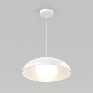 The Artika Boden LED modern mid-century pendant light with a dome-shaped white shade hangs from the ceiling, casting a soft glow against a plain light gray background.