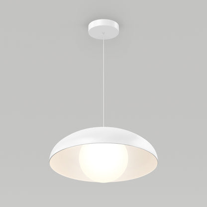 The Artika Boden LED modern mid-century pendant light with a dome-shaped white shade hangs from the ceiling, casting a soft glow against a plain light gray background.