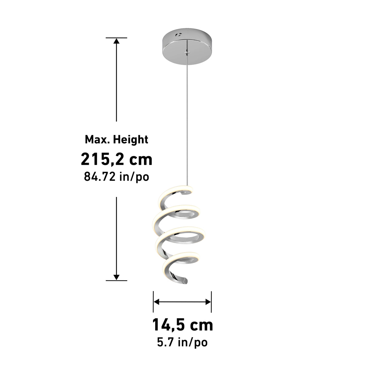 The Artika Chorus 1-light LED pendant features a modern spiral design with a round ceiling mount, max height of 215.2 cm (84.72 in), and width of 14.5 cm (5.7 in), shown on a white background.
