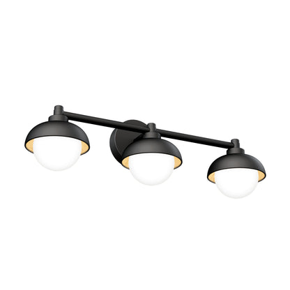 The Artika Boden LED mid-century bathroom vanity light features three globe-shaped white glass shades in a row on a sleek black wall-mounted bar.
