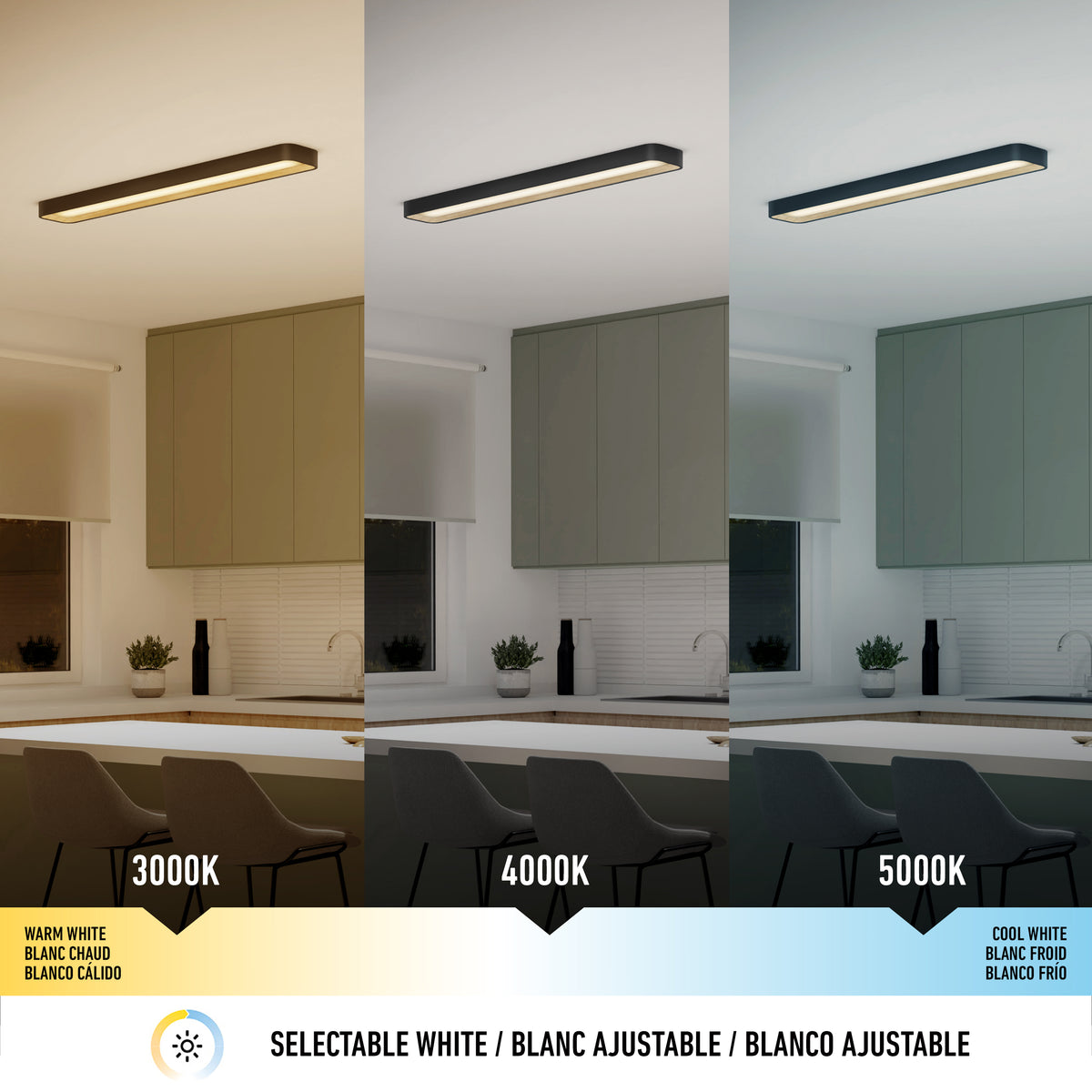 A kitchen with overhead lighting shown in three color temperatures: warm white (3000K), neutral white (4000K), and cool white (5000K), each illuminating the space differently. A color temperature scale is shown below.