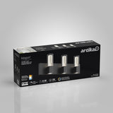 A black rectangular box of Artika Hologram LED wall lights featuring an image of the three lights on the front. The box displays key specs: 50,000 hours lifespan, 1200 lumens, and includes product branding.