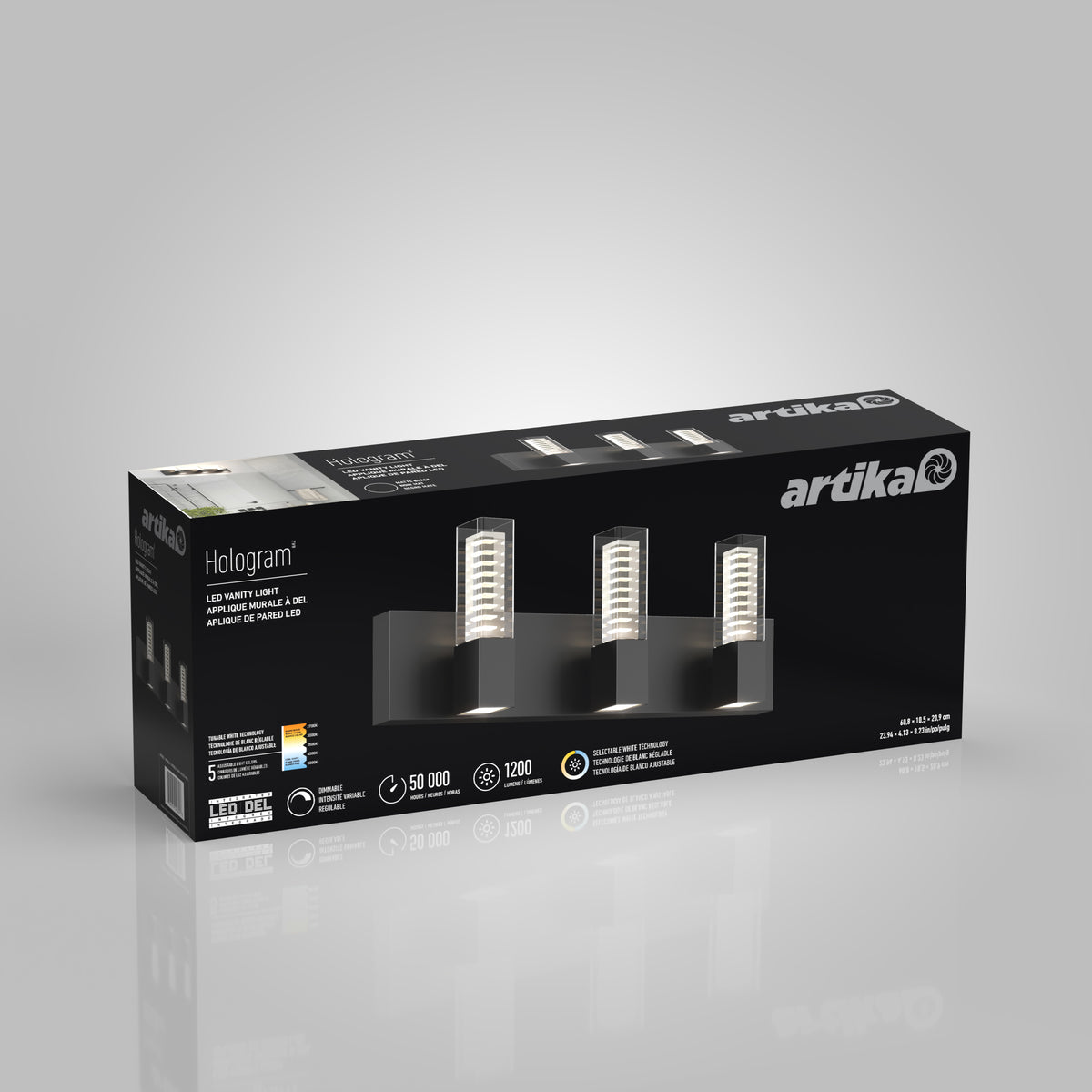 The Artika Hologram LED modern vanity light 5 CCT, shown with three lights and product details, is ideal for sleek bathroom mirror lighting.