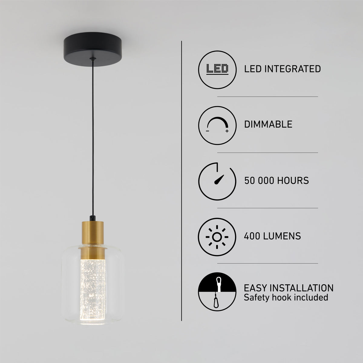 A modern pendant light with a black and gold fixture and cylindrical glass shade. Infographics state: LED integrated, dimmable, 50,000 hours, 400 lumens, and easy installation with a safety hook included.