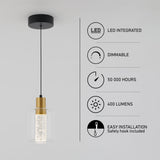 A modern pendant light with a black and gold fixture and cylindrical glass shade. Infographics state: LED integrated, dimmable, 50,000 hours, 400 lumens, and easy installation with a safety hook included.
