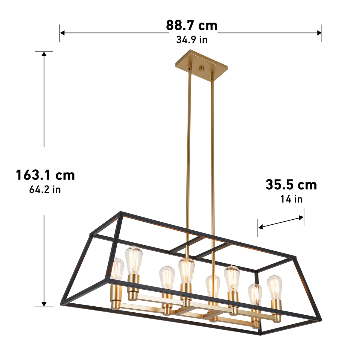 Rectangular gold and black hanging chandelier with eight exposed bulbs, shown with measurements: 88.7 cm long, 35.5 cm wide, and 163.1 cm high, including hanging rods and ceiling mount.