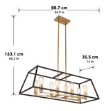 Rectangular gold and black hanging chandelier with eight exposed bulbs, shown with measurements: 88.7 cm long, 35.5 cm wide, and 163.1 cm high, including hanging rods and ceiling mount.