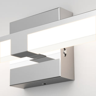 The Artika Tivoli modern LED bathroom vanity light 5 CCT features a sleek rectangular metallic base and a horizontal white light bar with adjustable color temperatures, making its minimalistic design perfect for contemporary bathrooms.