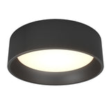 A modern, round, black ceiling light fixture with a smooth matte finish and a glowing white light in the center.