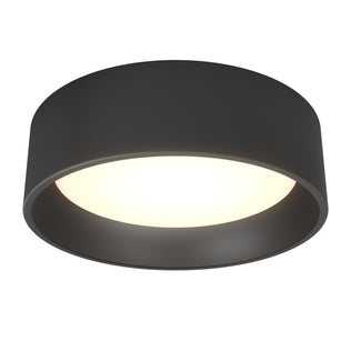 The Artika Alton LED flush mount is a modern round black ceiling fixture featuring a wide cylindrical design and a bright white illuminated center.