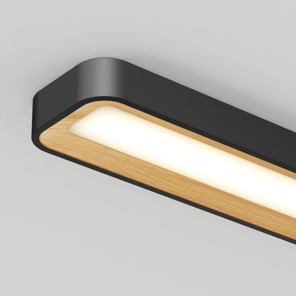 The Artika Alton 48 in. LED flush mount light features a modern rectangular design with a black outer frame, wooden inner accent, and a frosted panel for soft illumination, seamlessly mounted on a white ceiling.
