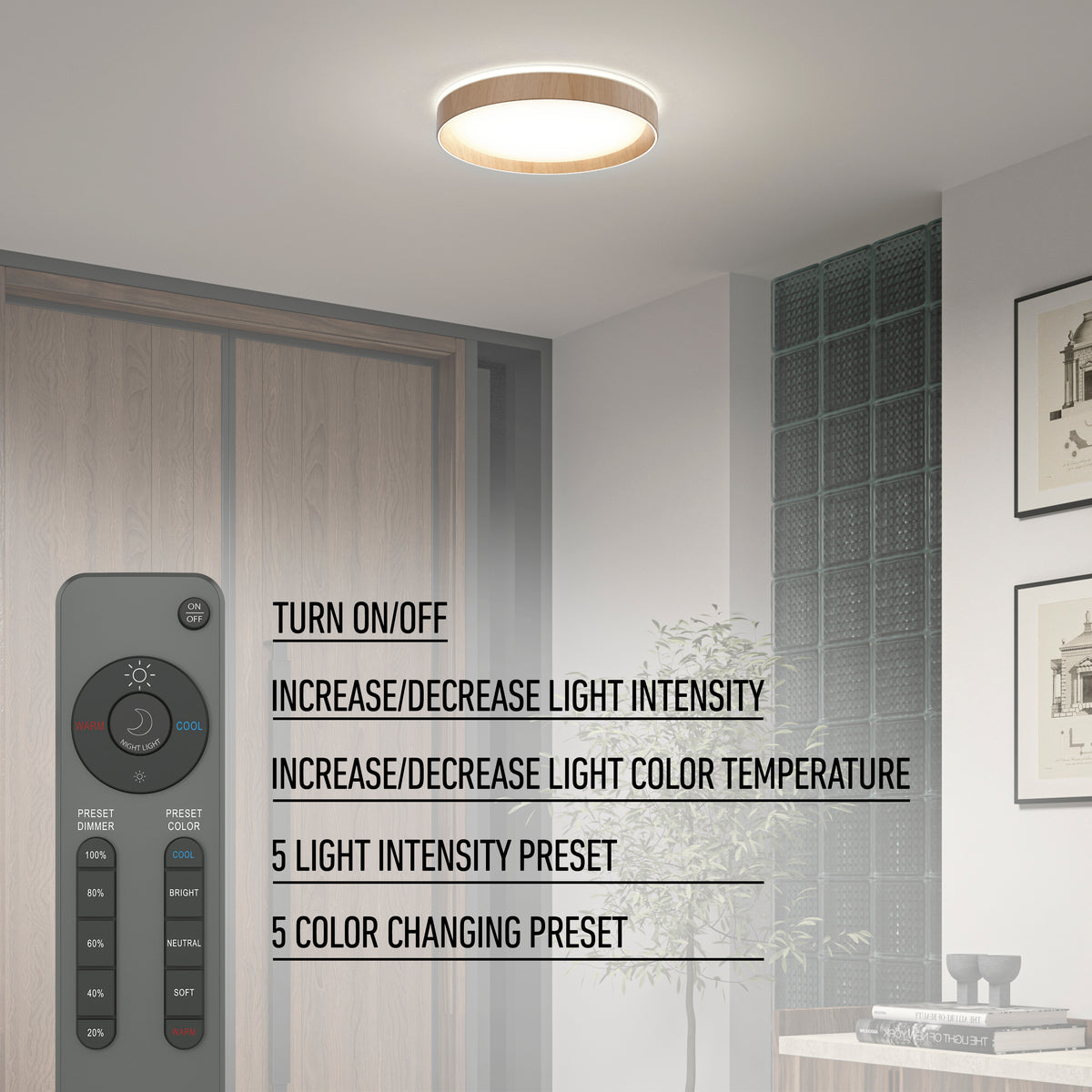 The Artika Callisto 15 in. LED flush mount light with a circular design is lit in a modern room. A remote shows on/off, intensity, color temperature (5 CCT), and preset functions. Text highlights these features.